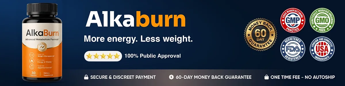 AlkaBurn trust badges: 60-day money-back guarantee, GMP certified, non-GMO, FDA-registered facility, made in the USA, secure payment and one-time fee with no autoship