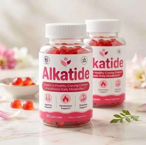 Two Alkatide bottles on a marble table with flowers