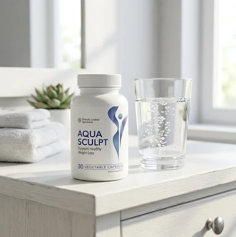 AquaSculpt bottle on a white dresser beside a glass of water