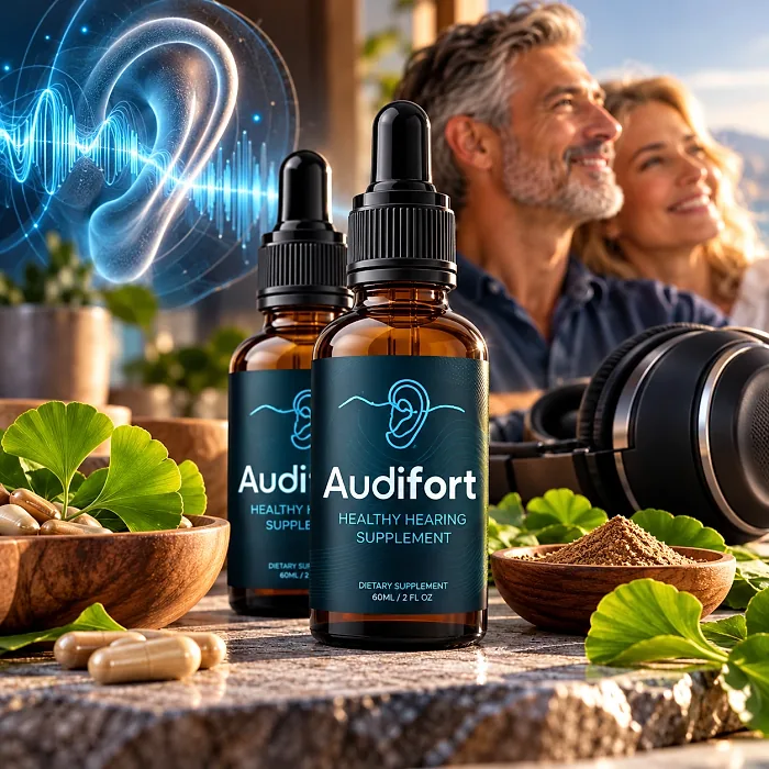 Audifort dropper bottles on a stone with ginkgo leaves, capsules and headphones