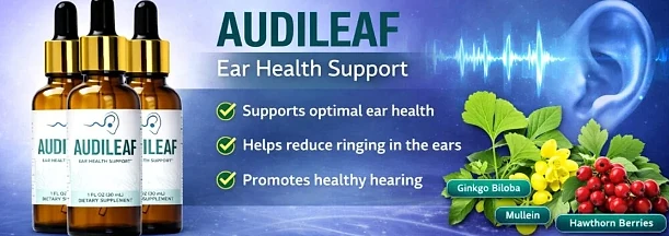 AudiLeaf ear health support banner with dropper bottles, Ginkgo Biloba, Mullein and Hawthorn Berries