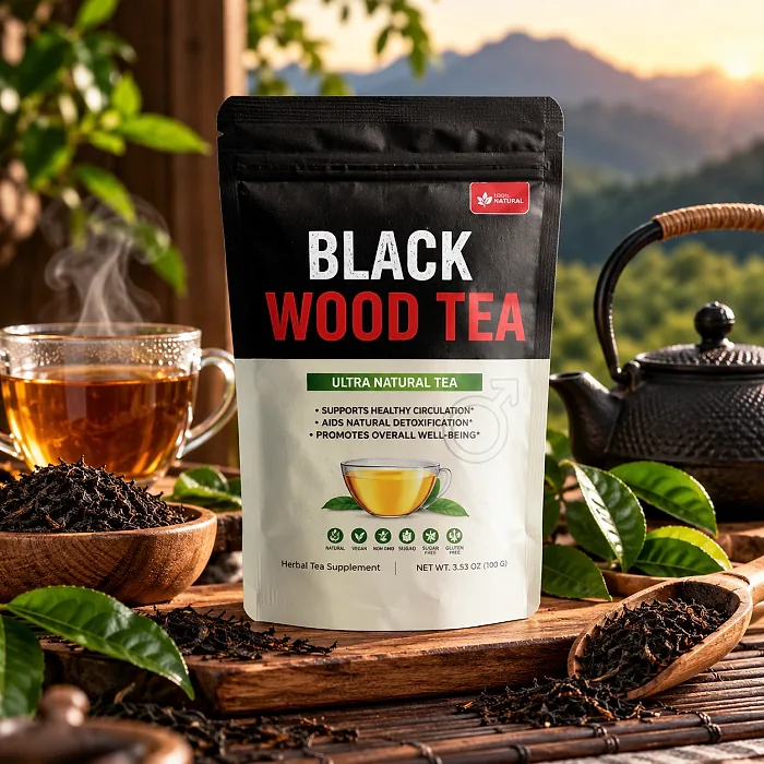 A Black Wood Tea pouch on a wooden table beside a cup of tea, loose leaves and a teapot, with mountains at sunset behind