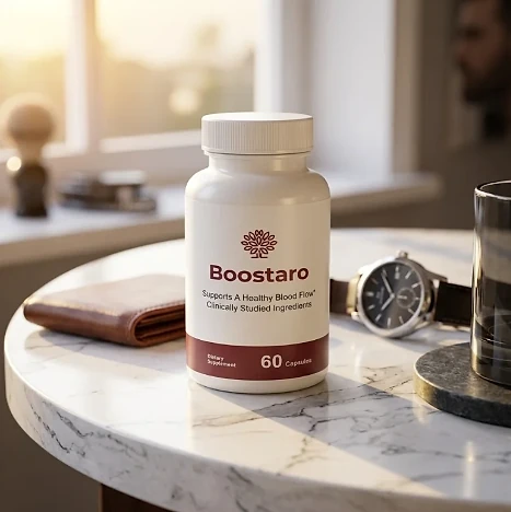Boostaro bottle on a white marble table beside a leather wallet and a watch