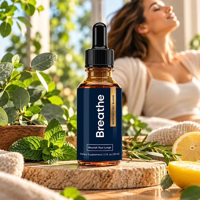 Breathe dropper bottle on a stone tray with mint, eucalyptus and lemon
