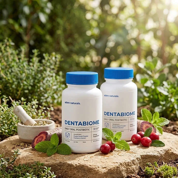 Two DentaBiome bottles on a garden stone beside purple carrots, cranberries, mint and a mortar of herbs