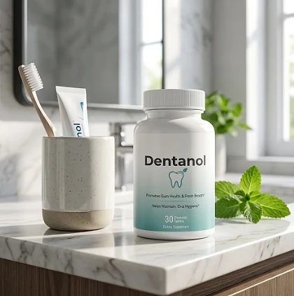 Dentanol bottle on a marble bathroom counter beside a toothbrush holder and fresh mint