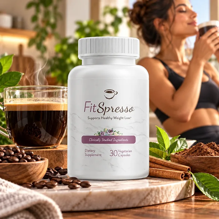 FitSpresso bottle beside a cup of coffee, coffee beans, cinnamon sticks and cocoa powder