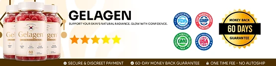 Gelagen: FDA-registered, GMP, GMO-free, USA and 60-day money-back guarantee badges