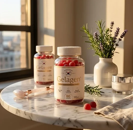 Two Gelagen gummy bottles on a marble table by a window
