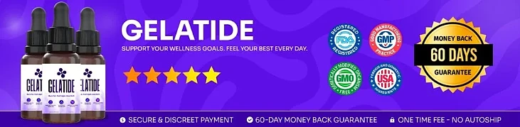 Gelatide: FDA-registered, GMP, GMO-free and USA badges with a 60-day money-back guarantee