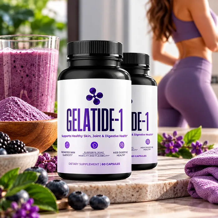 Gelatide-1 capsule bottles next to a berry smoothie and fresh blueberries