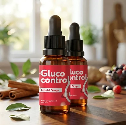 Two Gluco Control dropper bottles on a wooden table beside cinnamon sticks and berries