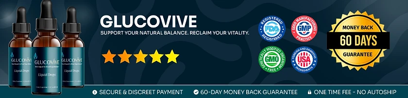 GlucoVive: FDA-registered, GMP, GMO-free and USA badges with a 60-day money-back guarantee