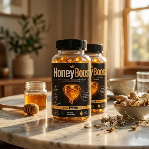 Two bottles of HoneyBoost gummies on a marble table