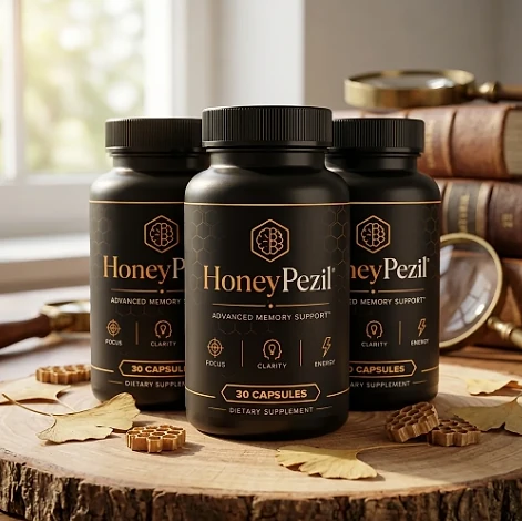 Three HoneyPezil bottles on a slice of wood in front of old books