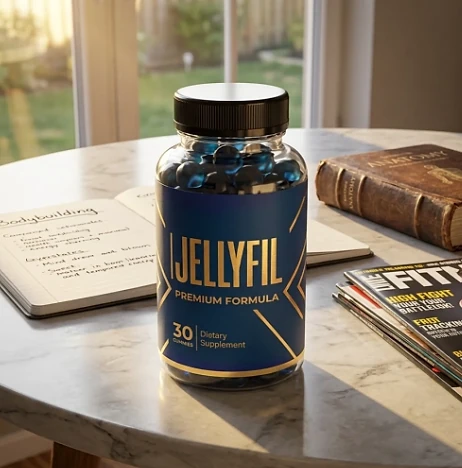 JellyFil jar on a marble table beside a notebook and fitness magazines