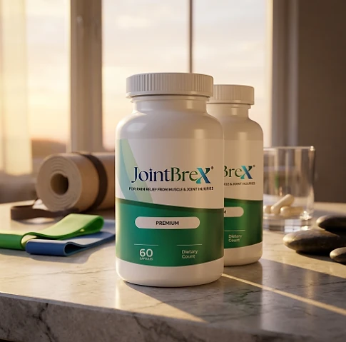 Two JointBrex bottles on a stone counter beside a yoga mat and resistance bands