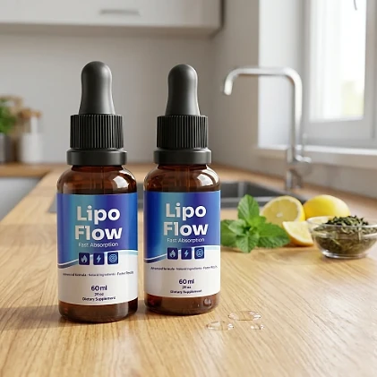 Two Lipo Flow dropper bottles on a kitchen counter beside lemon, mint and green tea