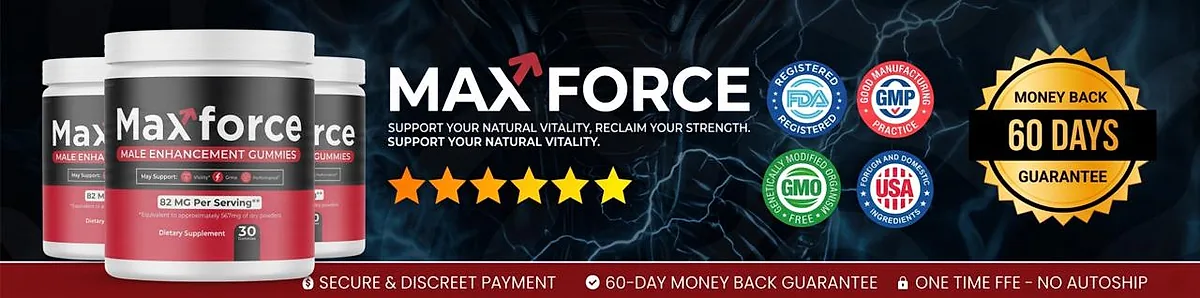 Maxforce: FDA-registered, GMP, GMO-free and USA ingredients badges with a 60-day money-back guarantee