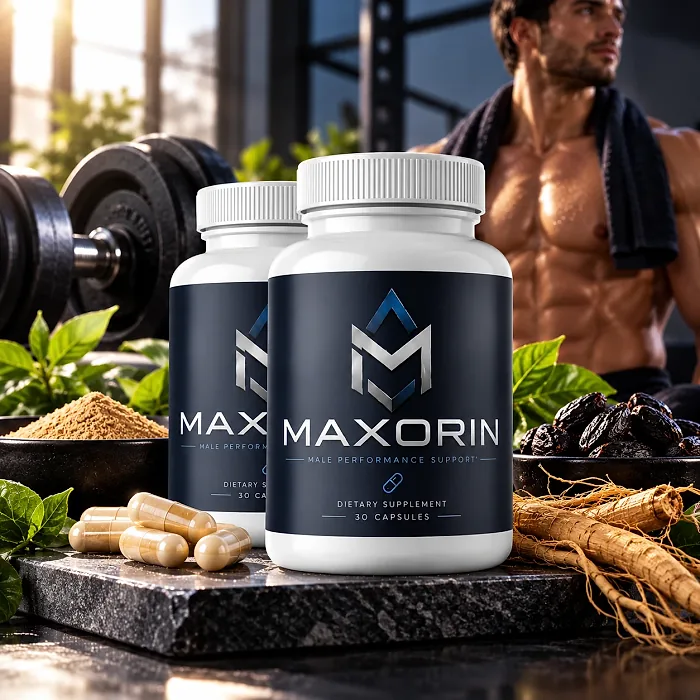 Two Maxorin bottles on a granite slab in a gym beside ginseng roots, maca powder, capsules and dumbbells
