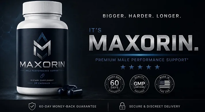 Maxorin: premium male performance support with a 60-day money-back guarantee, GMP quality and made in the USA badges