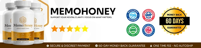 MemoHoney: FDA-registered, GMP, GMO-free and USA badges with a 60-day money-back guarantee