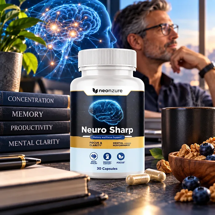 Neuro Sharp bottle on a desk beside books, walnuts, blueberries and capsules
