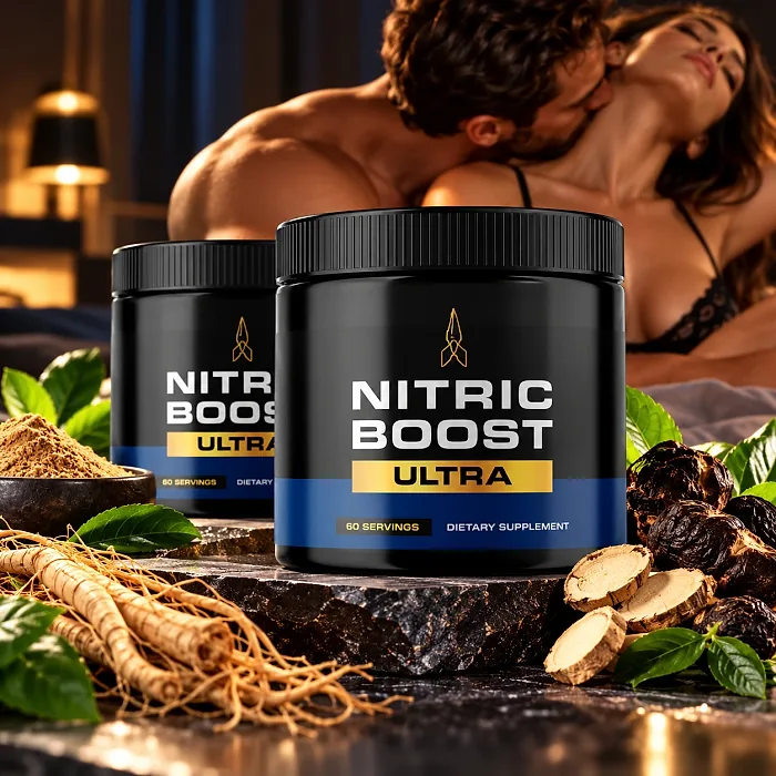 Two Nitric Boost Ultra jars on a dark stone beside ginseng roots, maca powder, dried fruit and fresh leaves