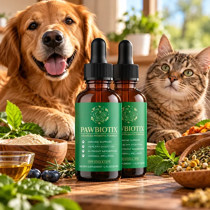 Pawbiotix dropper bottles on a kitchen table beside a golden retriever, a cat, herbs and blueberries