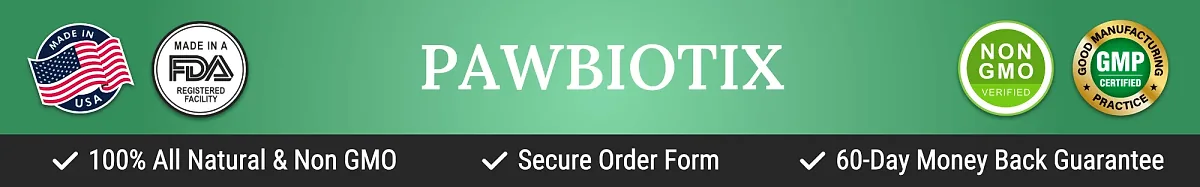 Pawbiotix quality seals: made in the USA, FDA-registered facility, non-GMO, GMP and 60-day money-back guarantee