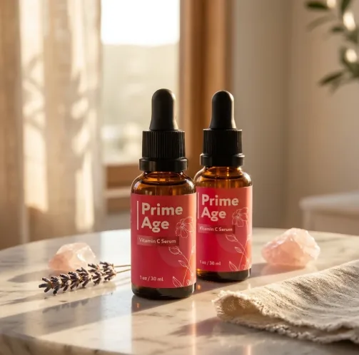 Two Prime Age dropper bottles on a marble table