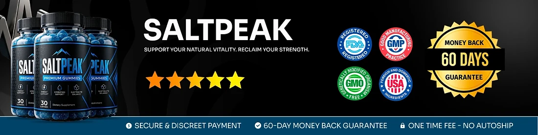 Saltpeak banner: FDA registered facility, GMP, GMO free and USA ingredients badges with a 60-day money-back guarantee