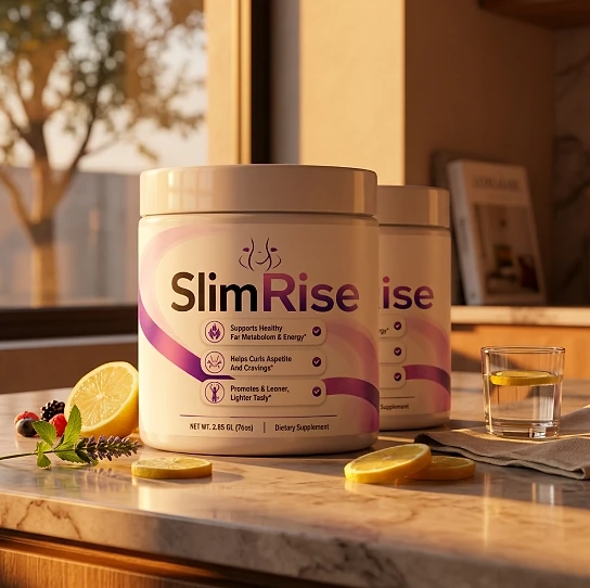 Two SlimRise jars on a counter beside lemon slices and a glass of water