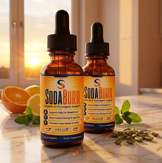 Two SodaBurn dropper bottles on a marble counter beside citrus fruit