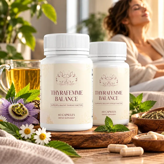 Thyrafemme Balance bottles beside a cup of herbal tea, passionflower, daisies and capsules