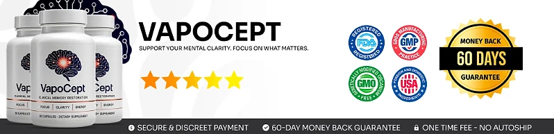 VapoCept: FDA-registered, GMP, GMO-free and USA badges with a 60-day money-back guarantee