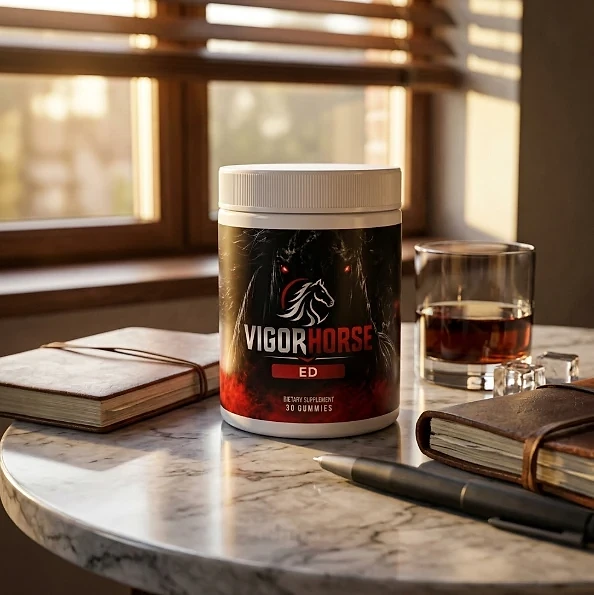 VigorHorse jar on a marble table by a window