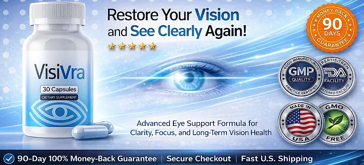 VisiVra: GMP quality, FDA-registered facility, made in USA and GMO-free badges with a 90-day money-back guarantee