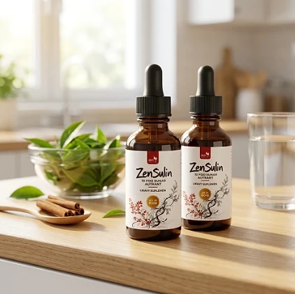 Two Zensulin dropper bottles on a kitchen counter beside cinnamon sticks, fresh leaves and a glass of water